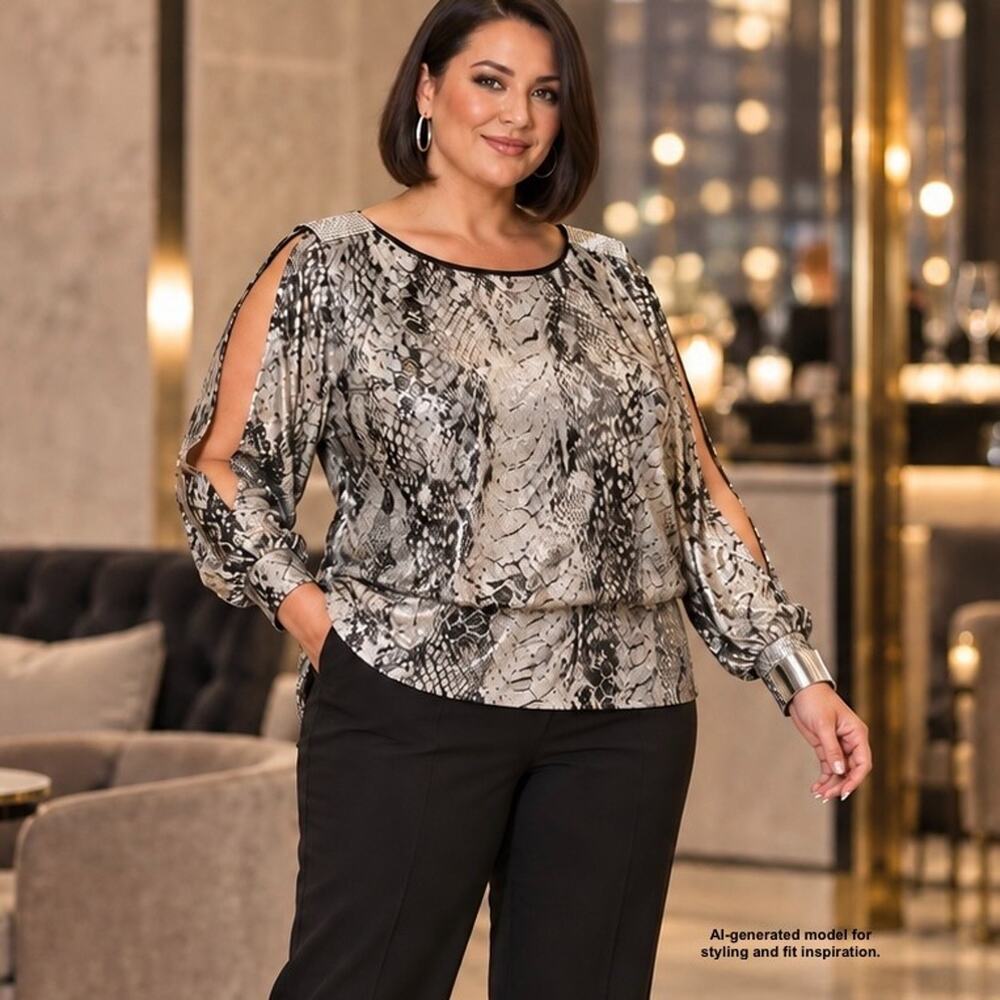 Silver Snakeskin Plus Size Blouse Rhinestone Cold Shoulder S. Levine Mob Wife 2X